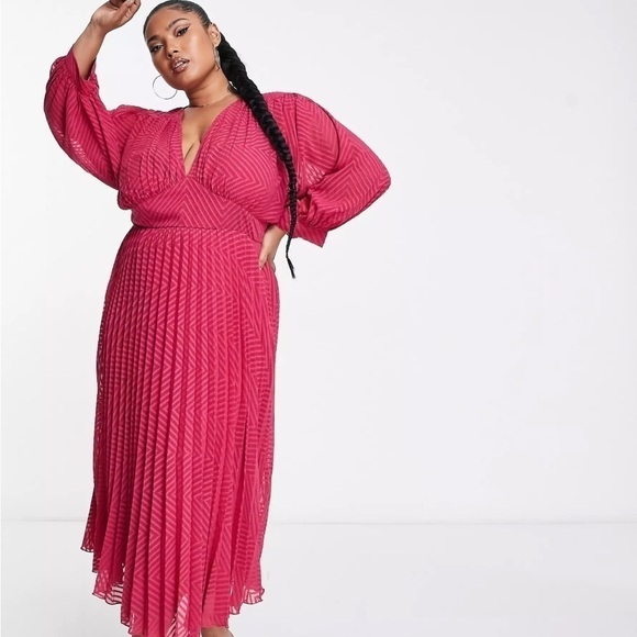 ASOS DESIGN Curve pleated batwing midi dress chevron texture Magenta sz 24 NWT - Picture 2 of 16